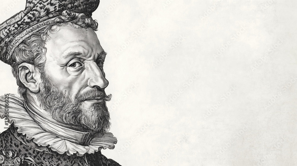 Fototapeta premium Portrait of noble renaissance man in detailed engraving style