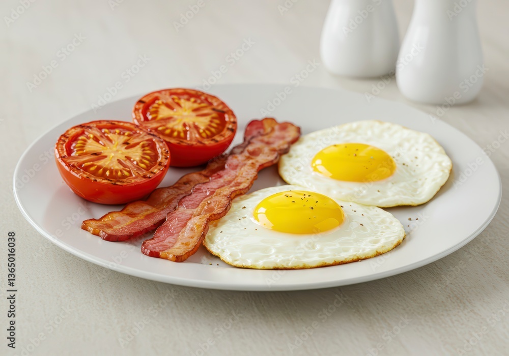 Tasty breakfast with sunny-side-up eggs on a light table, minimalistic composition Tasty breakfast with sunny-side-up eggs on a light table, minimalistic composition