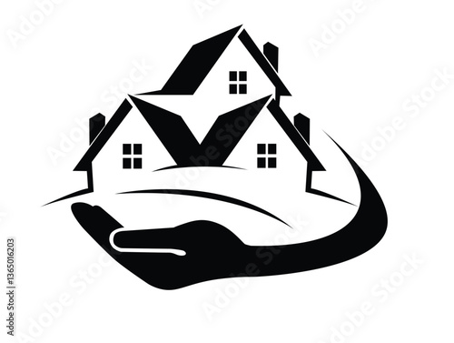 Black House Icon Vector – Minimalist Hand-Held Home for Affordable Housing & Eco-Village Branding – Editable EPS, AI