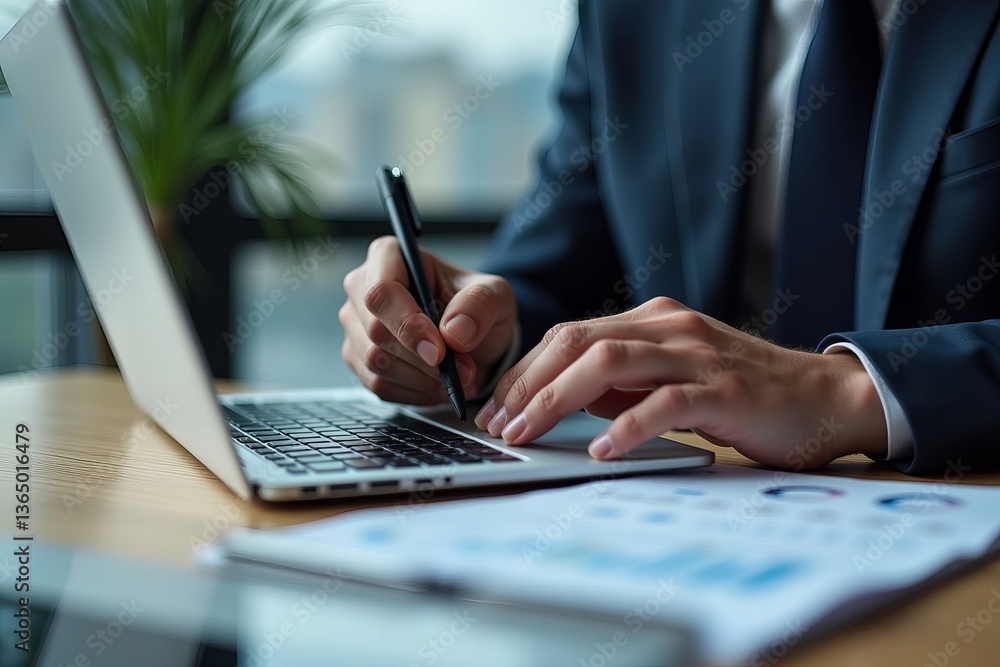 Diligent businessman fills out survey on laptop screen with stylus pen, showcasing professionalism in the workplace Diligent businessman fills out survey on laptop screen with stylus pen, showcasing professionalism in the workplace