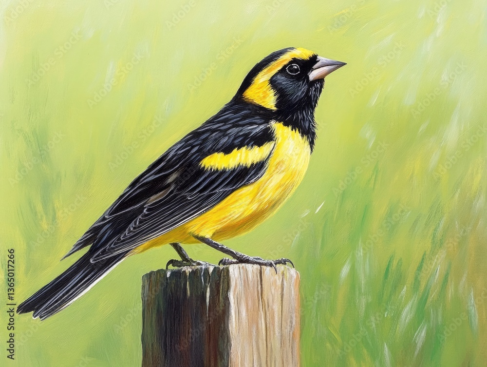 Obraz premium Bobolink: Colourful Songbird Migrating in Spring. Ohio's Passerine on Green Background