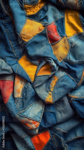 Denim patchwork textile with blue, yellow, and red hues