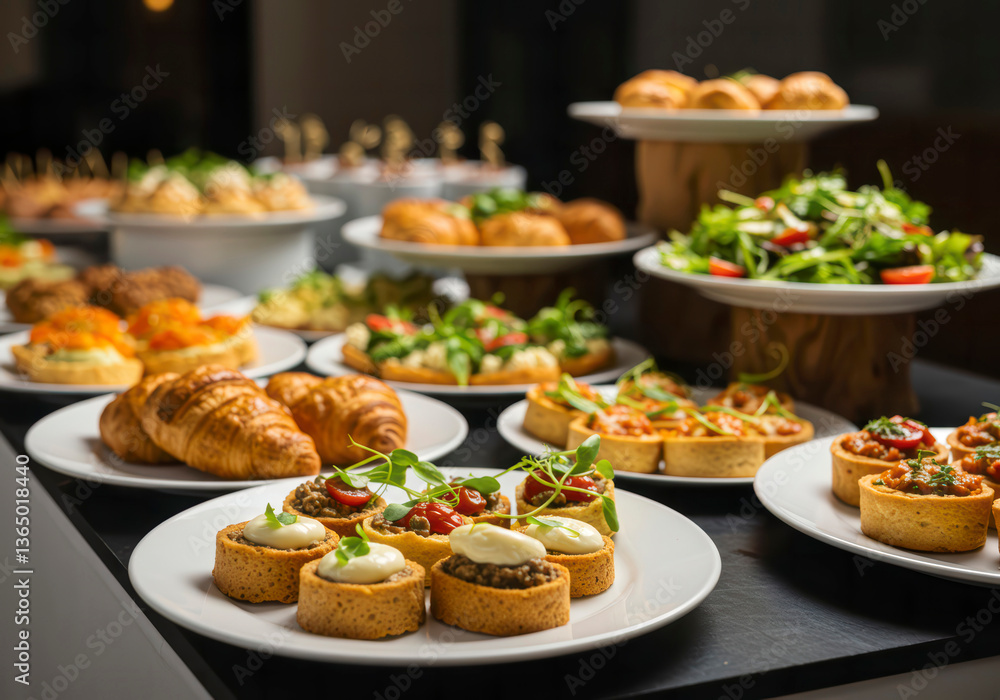 Elegant five-star catering buffet with gourmet dishes at a luxury restaurant event. Elegant five-star catering buffet with gourmet dishes at a luxury restaurant event.