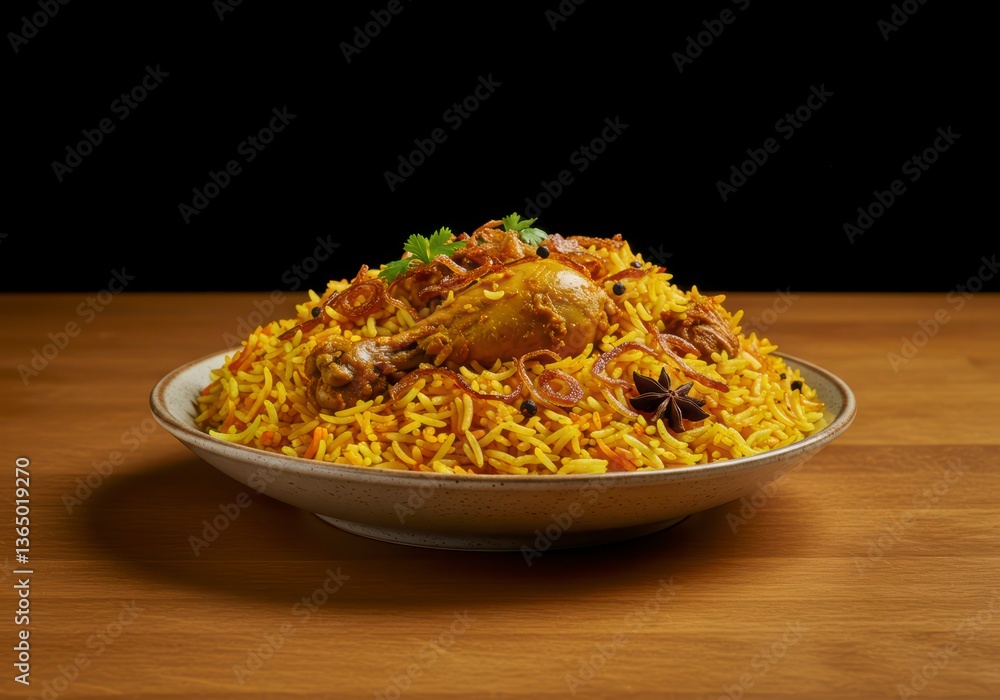 Flavorful chicken biryani served on a wooden table, showcasing rich spices and vibrant colors. Flavorful chicken biryani served on a wooden table, showcasing rich spices and vibrant colors.