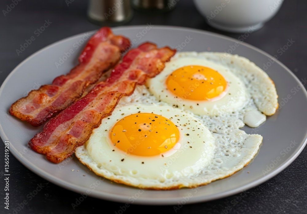 Close-up of a savory breakfast plate with golden fried eggs and perfectly cooked bacon. Close-up of a savory breakfast plate with golden fried eggs and perfectly cooked bacon.