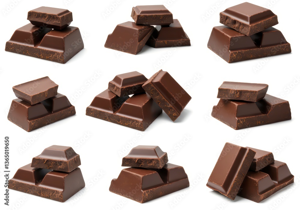 Assorted dark chocolate chunks, rich and textured, isolated on a white background. Assorted dark chocolate chunks, rich and textured, isolated on a white background.