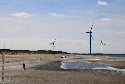 Beach with wind farm in Vrouwenpolder, Zeeland, The Netherlands.