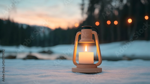 Fototapeta Naklejka Na Ścianę i Meble -  Burning Candle in Wooden Lantern on Snowy Ground at Sunset