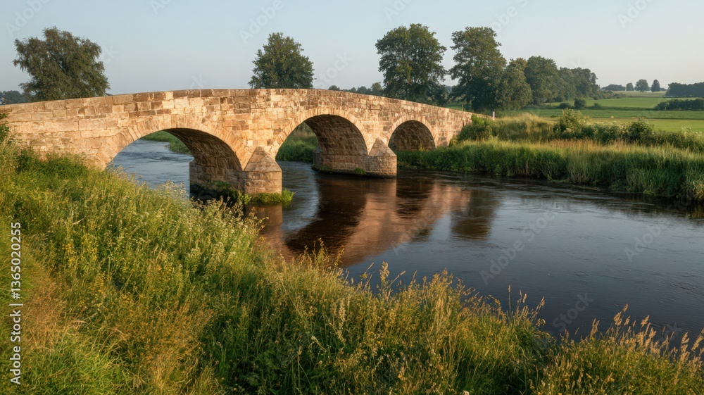 Stone Arch Bridge Over Calm River in Summer Landscape Stone Arch Bridge Over Calm River in Summer Landscape