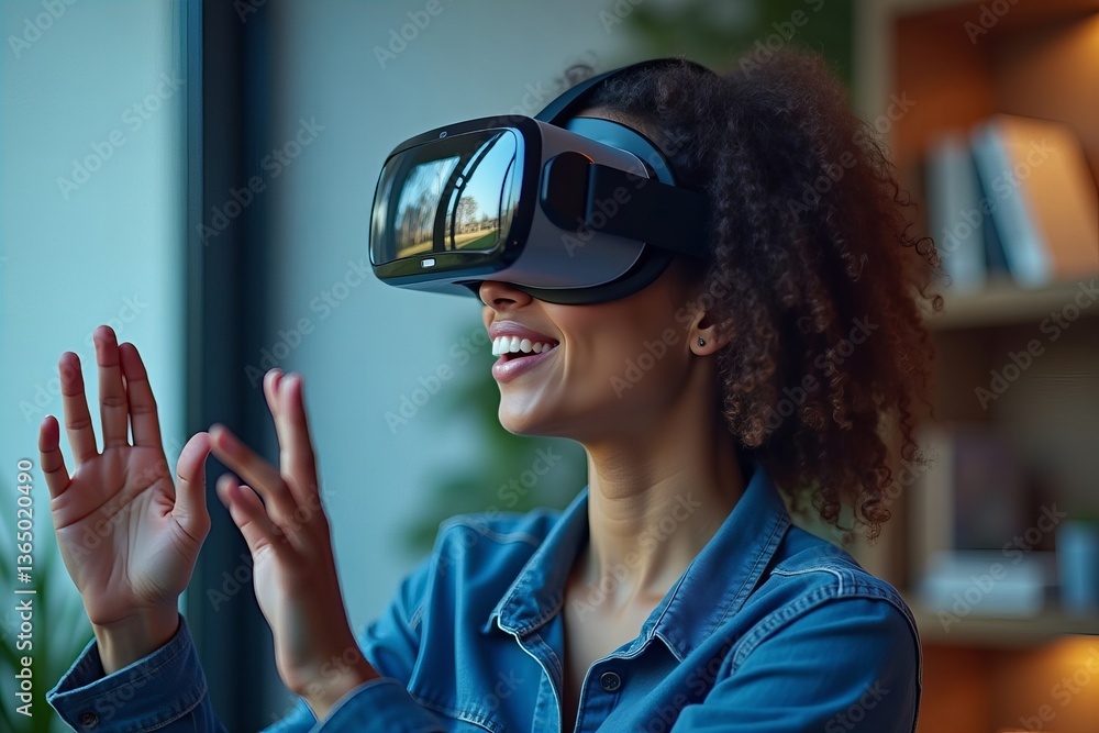 Person wears virtual reality headset while browsing and shopping for real estate online, focusing on home insurance and protection.