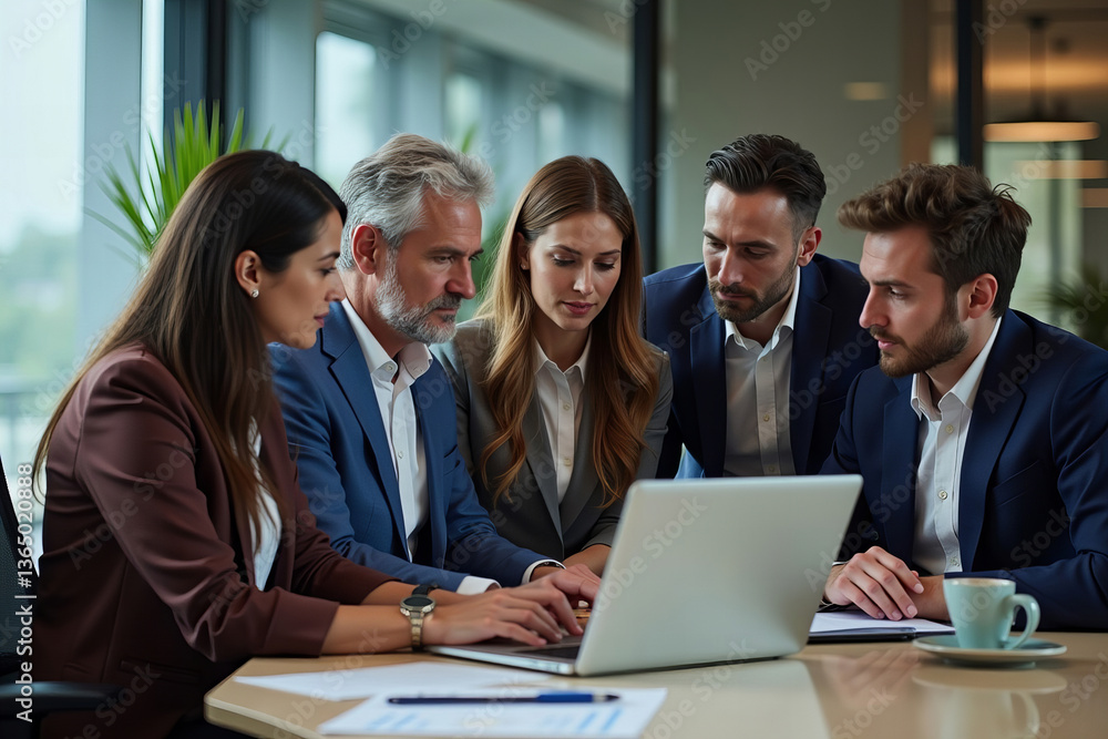 Collaborative Team of Multicultural Executives and Board Members in a Corporate Office Setting Discussing Business Strategies on a Laptop Collaborative Team of Multicultural Executives and Board Members in a Corporate Office Setting Discussing Business Strategies on a Laptop