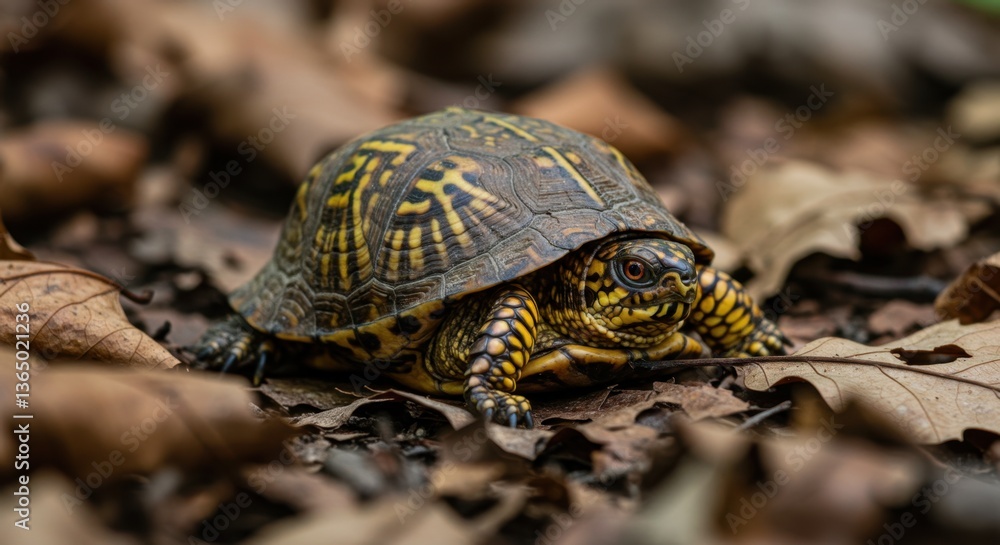 Eastern Box Turtle Crawling on Autumn Leaves Eastern Box Turtle Crawling on Autumn Leaves