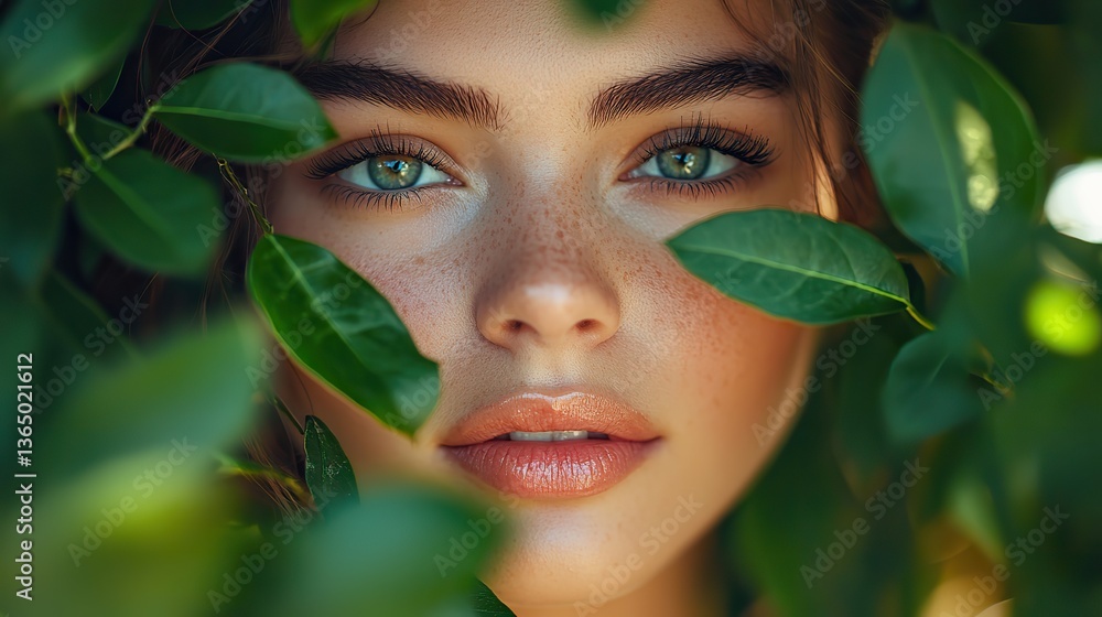Plump glossy peach lips hidden by green leaves, natural beauty. Plump glossy peach lips hidden by green leaves, natural beauty.
