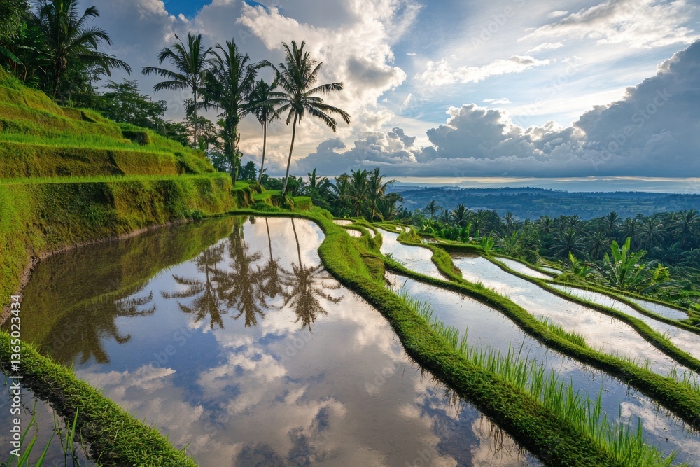 Obraz premium Green terraced rice fields reflecting sunlight