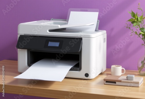 Minimalist printer mockup with paper loading animation.