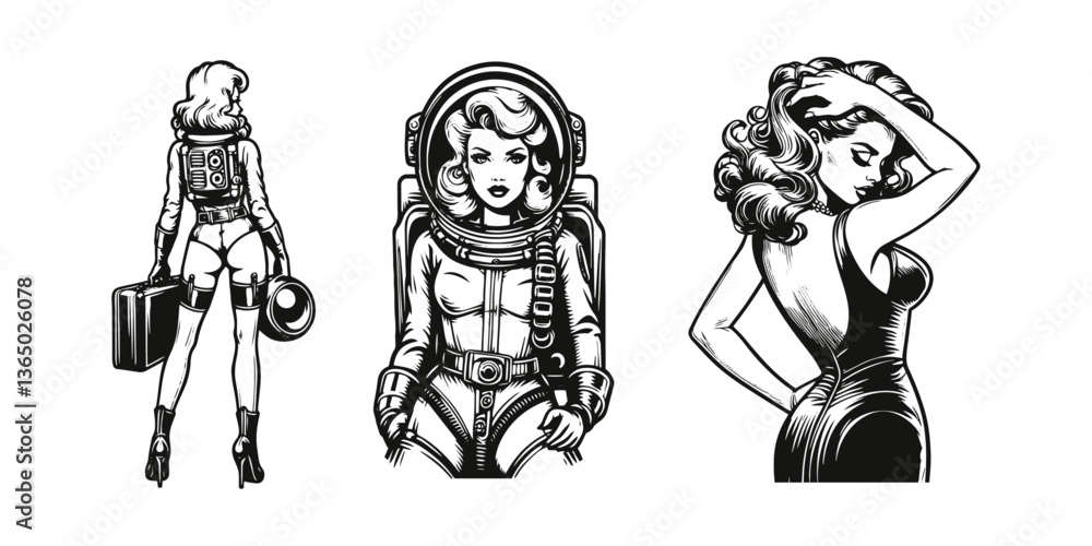 Women art sketch engraving generative vector illustration. Scratch board imitation. Black and white image Women art sketch engraving generative vector illustration. Scratch board imitation. Black and white image