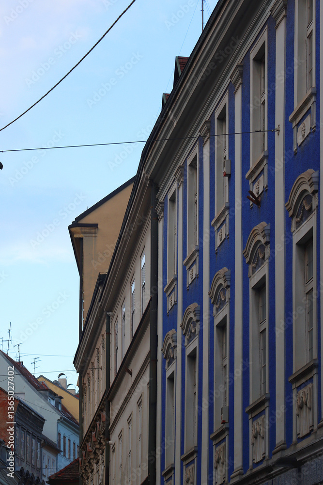 Colorful historic buildings in central Zagreb, Croatia.