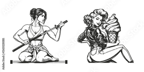 Women art sketch engraving generative vector illustration. Scratch board imitation. Black and white image