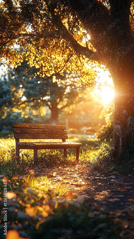 Obraz premium Wooden bench under a tree with sunlight in a park setting