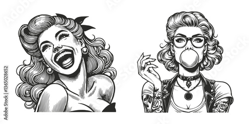 Women art sketch engraving generative vector illustration. Scratch board imitation. Black and white image