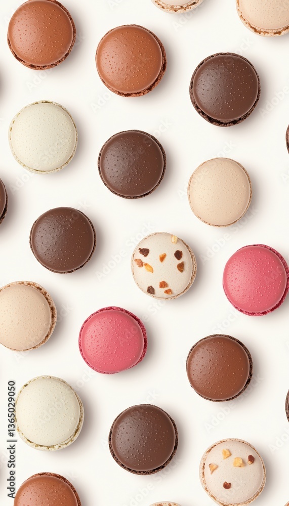 Fototapeta premium Gourmet French macarons in a variety of flavors, arranged in a seamless pattern, modern minimalist food styling, luxurious sweet treat