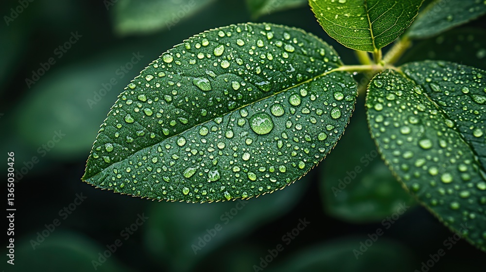 Fototapeta premium Sparkling water droplets on a vibrant green leaf highlight nature's beauty after gentle rain in a captivating close-up.