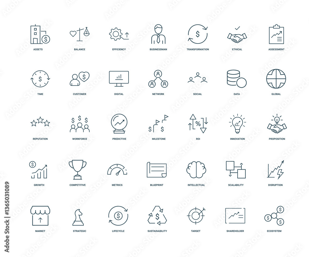 business value line icons concepts strategies, Innovation Milestone Proposition ROI business value line icons concepts strategies, Innovation Milestone Proposition ROI