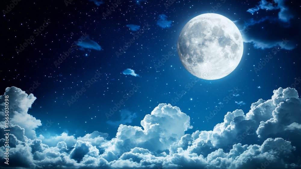 Naklejka premium Full Moon Over Fluffy White Clouds at Night, A Celestial Tapestry of Stars and Moonlight