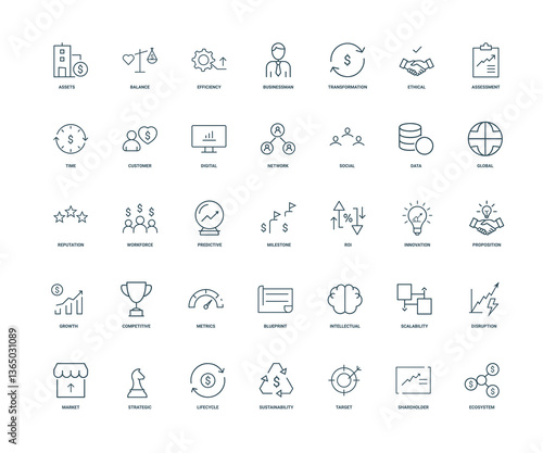 business value line icons concepts strategies, Innovation Milestone Proposition ROI