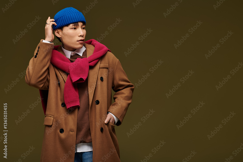 Stylish young man in brown coat and blue beanie poses confidently against a muted backdrop Stylish young man in brown coat and blue beanie poses confidently against a muted backdrop