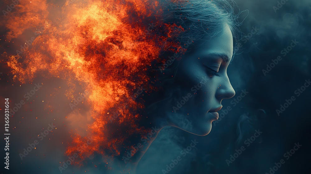 Square fragments woman's profile, exploding head, stress, burnout. Square fragments woman's profile, exploding head, stress, burnout.