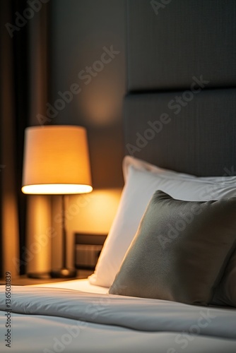 A serene bedroom setting with pillows and a lamp illuminated