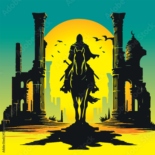 Shadow of a knight on a buckskin, ruins on both sides.