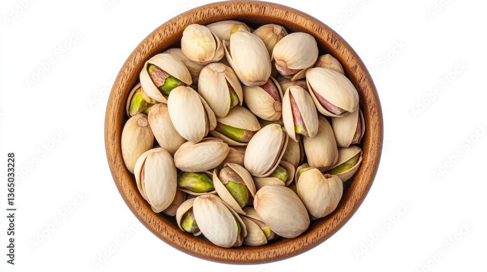 Pistachios in wooden bowl, top view, isolated white background. Possible use Food photography, healthy snack, nut products, cooking concept Pistachios in wooden bowl, top view, isolated white background. Possible use Food photography, healthy snack, nut products, cooking concept