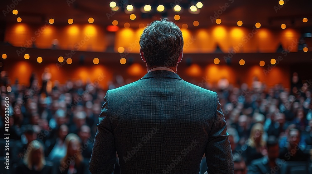 Confident business executive or professional speaker standing on a stage in front of a large audience during a formal corporate public or industry event Confident business executive or professional speaker standing on a stage in front of a large audience during a formal corporate public or industry event