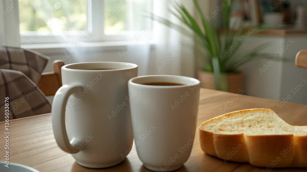 Two steaming coffee cups beside a slice of bread in a cozy kitchen Two steaming coffee cups beside a slice of bread in a cozy kitchen
