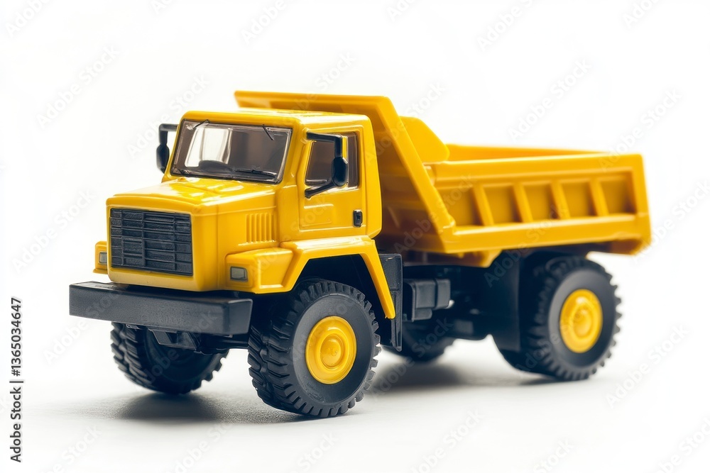 Naklejka premium Yellow Dump Truck Toy Model on White Background for Kid Play