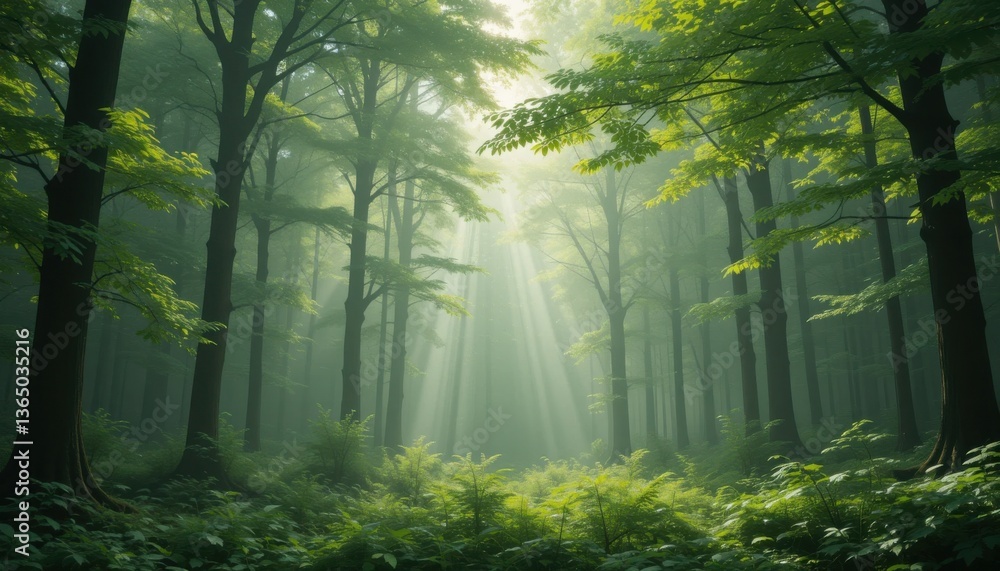 Obraz premium Paisaje forestal sereno con tonos verdes brumosos, luz solar moteada filtrándose a través de las hojas y una textura suave barrida por el viento