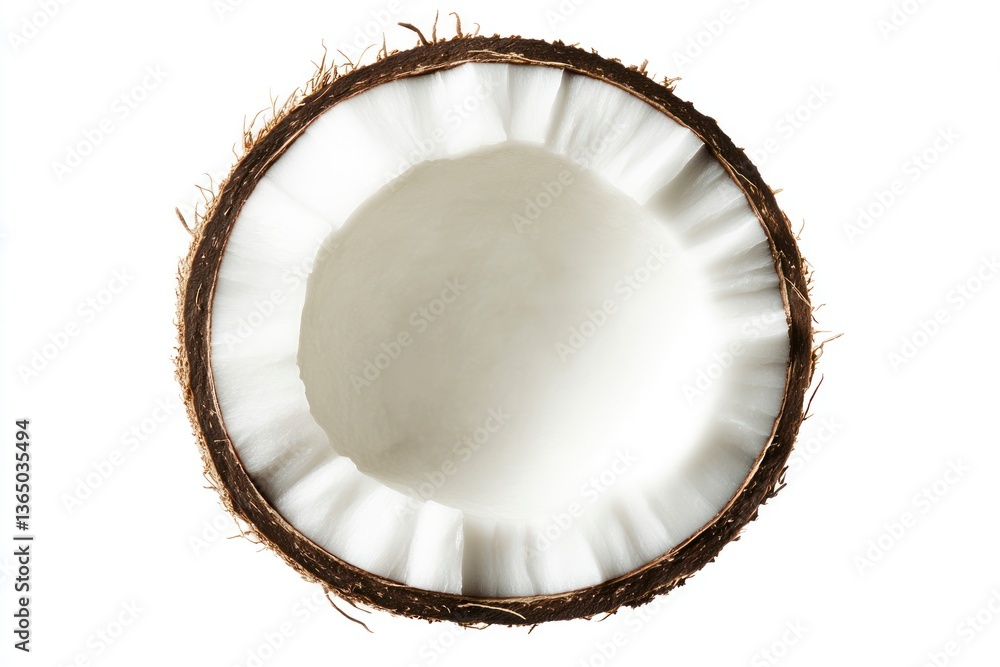 Coconut Half Showing White Flesh and Brown Shell on White Background Coconut Half Showing White Flesh and Brown Shell on White Background