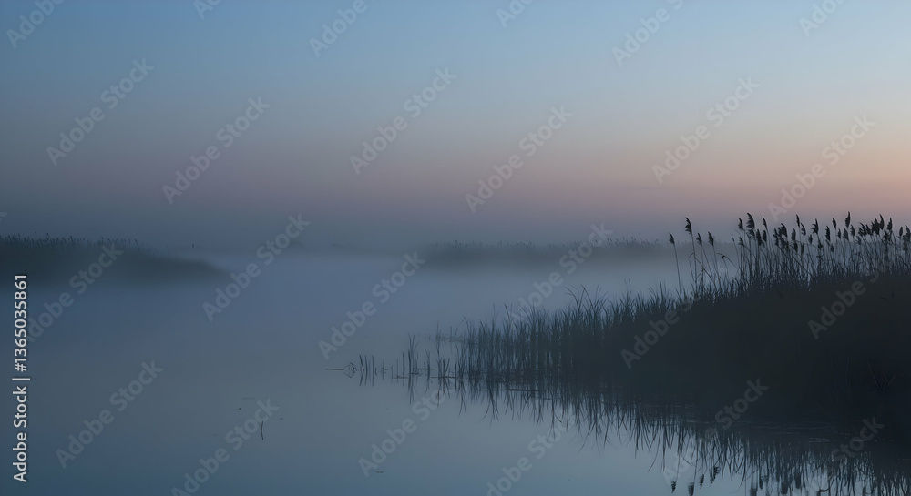 Fototapeta premium Misty Sunrise Over a Calm Lake