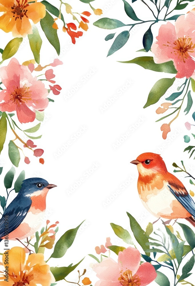 Fototapeta premium Watercolor birds nestled within vibrant floral and leafy decorative borders