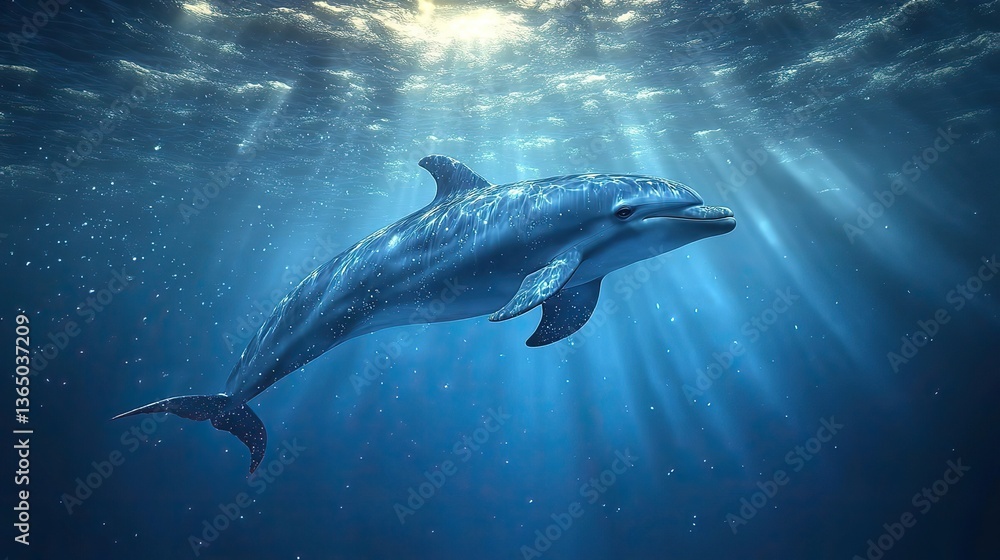 Fototapeta premium Sun rays through water-dolphin swimming in deep blue.
