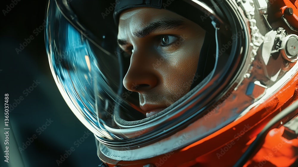 Close up of an astronaut in a helmet looking to the side with a serious expression on their face Close up of an astronaut in a helmet looking to the side with a serious expression on their face
