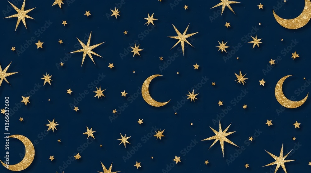 Fototapeta premium Golden Stars and Moons Seamless Pattern
