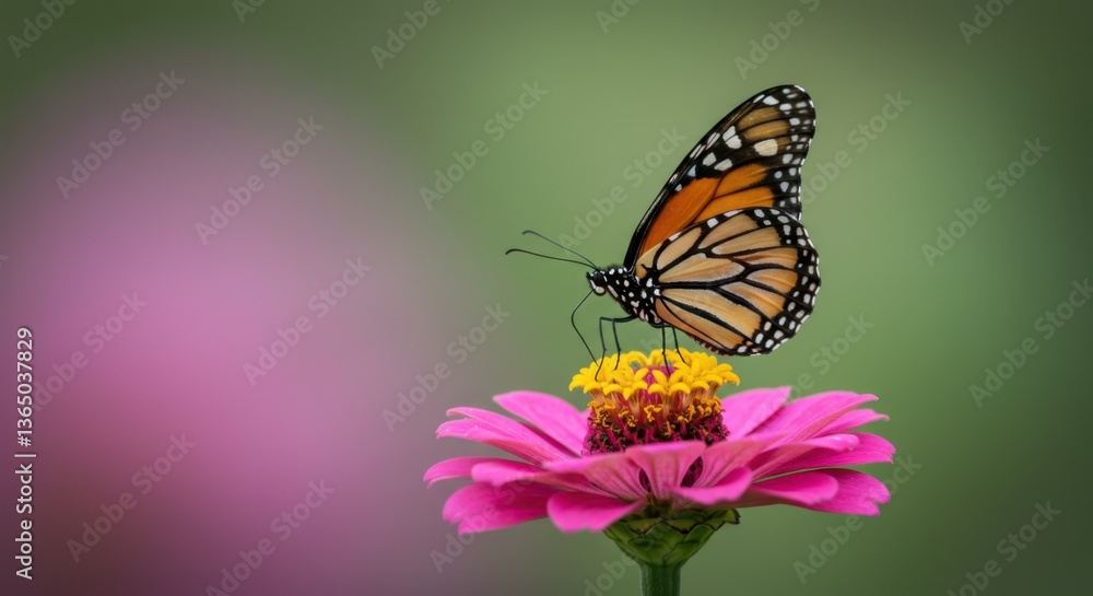 Fototapeta premium Monarch Butterfly on Pink Zinnia Flower