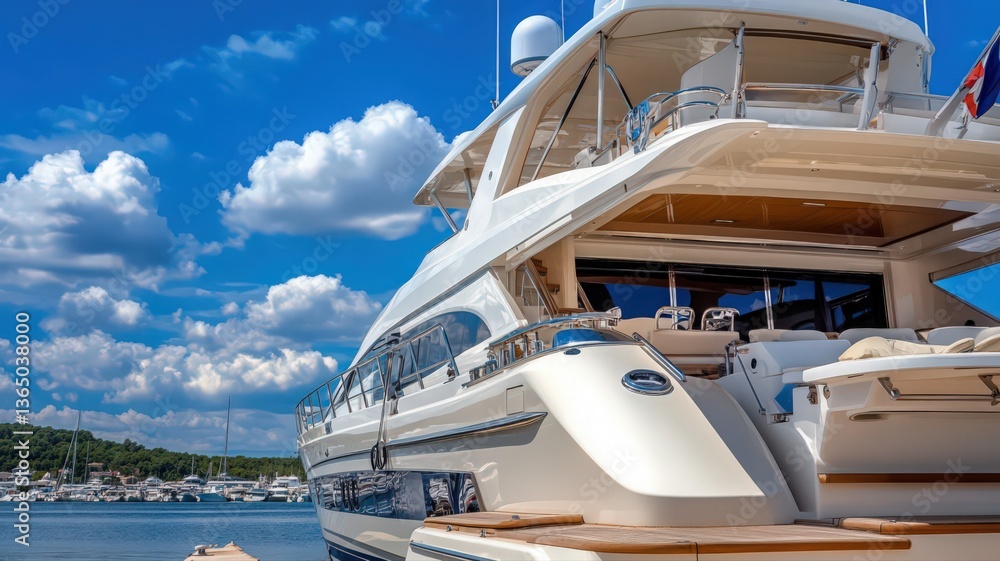 Fototapeta premium Luxury White Yacht Docked at Sunny Marina