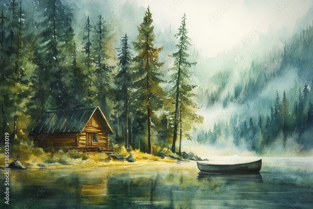 Fototapeta premium A watercolor painting of a lakeside cabin surrounded by trees