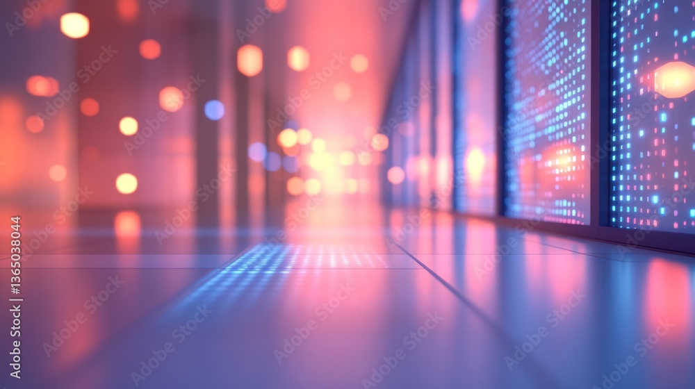 Futuristic server room interior, glowing data panels, reflection on floor. Possible use Stock photo for technology, innovation, or future concepts Futuristic server room interior, glowing data panels, reflection on floor. Possible use Stock photo for technology, innovation, or future concepts