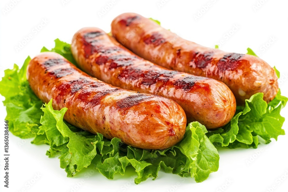 Grilled Sausages on Lettuce Fresh Food Still Life White Background Grilled Sausages on Lettuce Fresh Food Still Life White Background