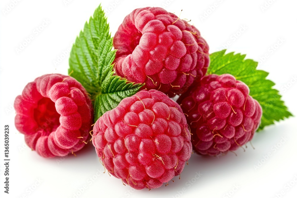 Fresh Raspberries with Green Leaves Close Up on White Background Fresh Raspberries with Green Leaves Close Up on White Background